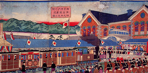西京神戸之間鉄道開業式庶民拝見之図 歌川広重(三代) 福田熊治郎版 明治10年(1877)2月 錦絵3枚続
